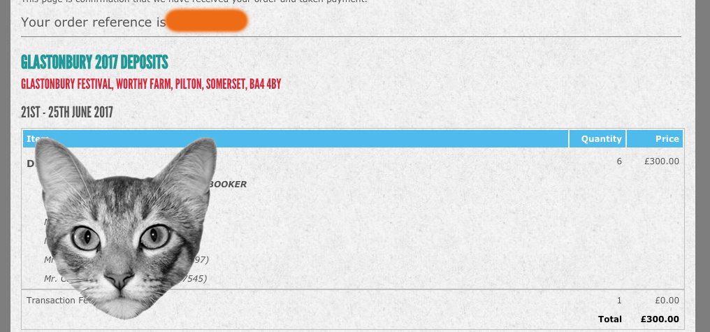 Screenshot of the confirmation screen on the Glastonbury Festival ticket website
