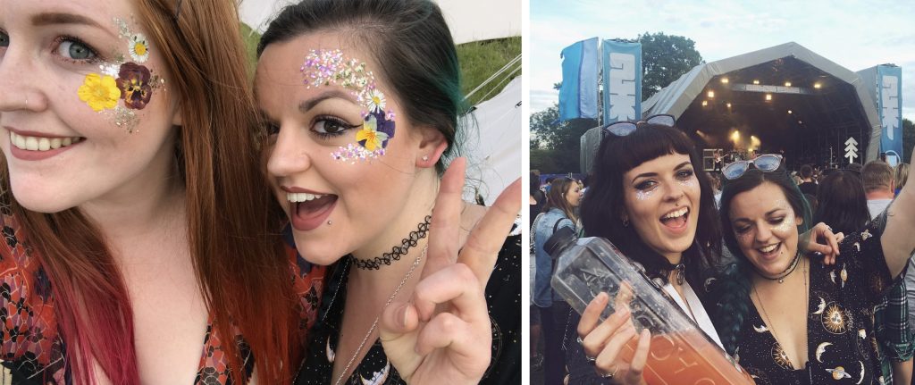 Luisa and I wearing face florals and lots of glitter at Camp Wildfire, and Luisa in front of the 2000 Trees stage