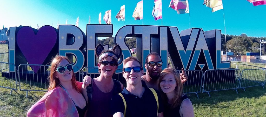 My friends and I in front of the Bestival sign in the beautiful sunshine. This could be your first festival