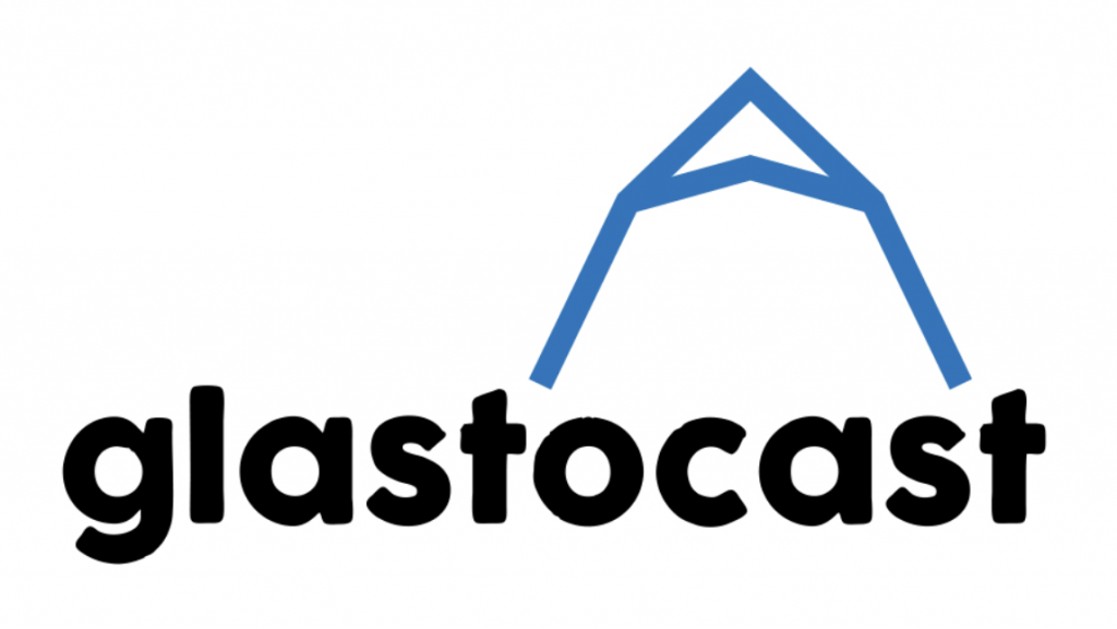 The GlastoCast - Glastonbury Podcast logo. Black text with a blue Pyramid stage shape over it