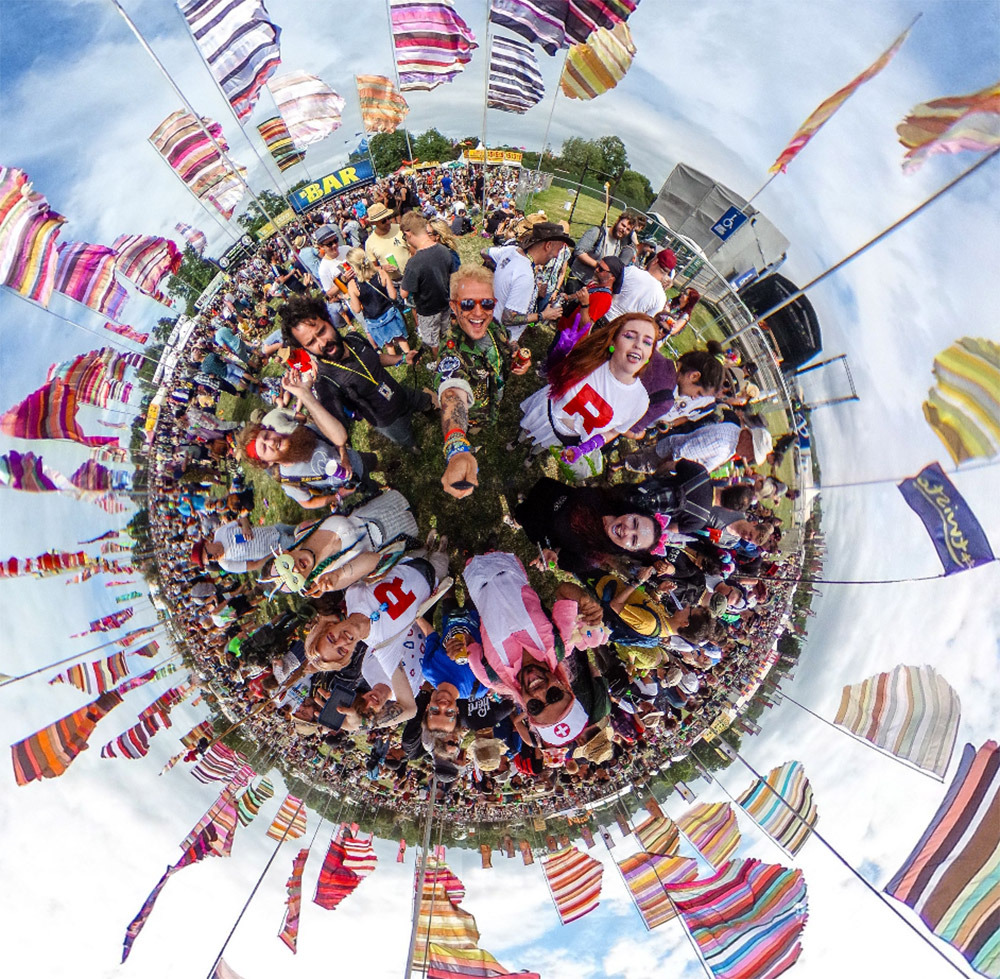 One of Miguel's 360 Photospheres taken at Glastonbury 2017. You can see Miguel, Rob and I stood next to each other. Then the West Holts festival field has been transformed by a 360 camera into a mini planet!