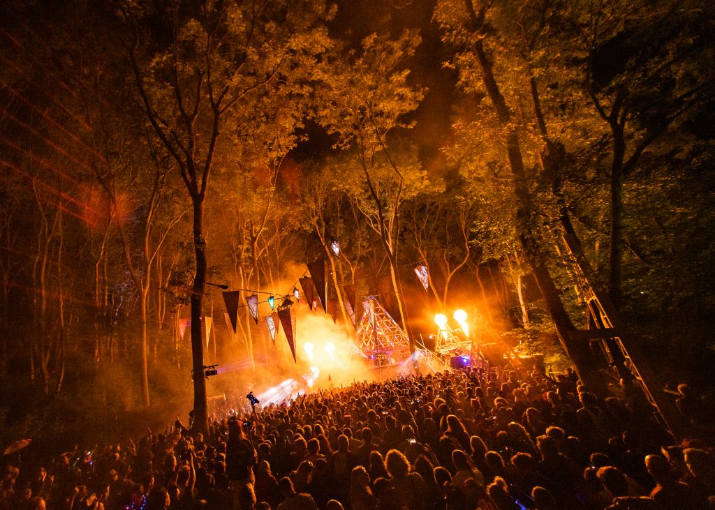The view over the crowd as the Noisily Stage (main stage) lights up with flames. The trees are all lit from underneath from the fire. Noisily Festival 2019