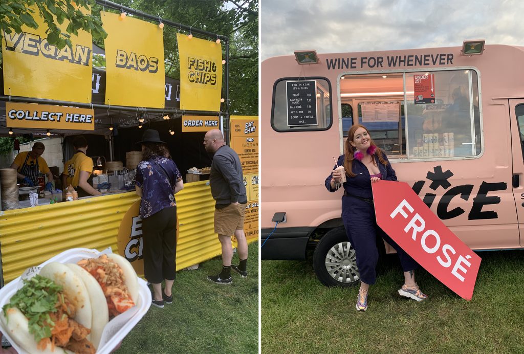 Vegan bao buns from Eat Chay looking delicious in front of their yellow stall, and the second picture is me holding a frozen rose from the "Wine for Whenever" pink van