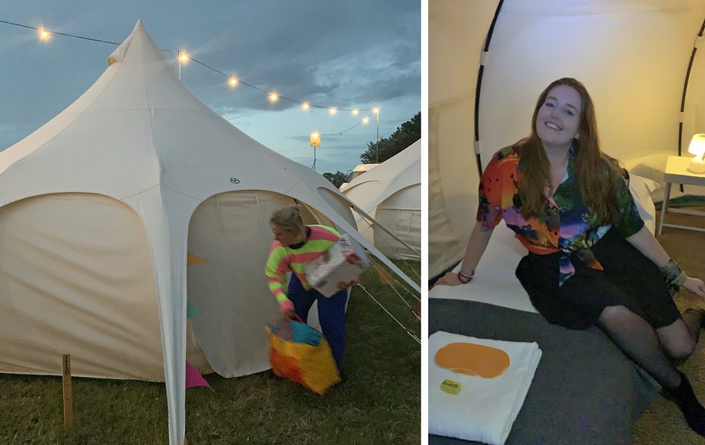 The first photo of our gorgeous Lotus Belle tent in boutique camping, and my very happy face sitting on one of our amazing REAL beds