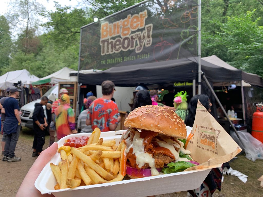 My Prairie Girl chicken burger with blue cheese and hot sauce looking delicious in front of the Burger Theory food truck at Noisily Festival 2019