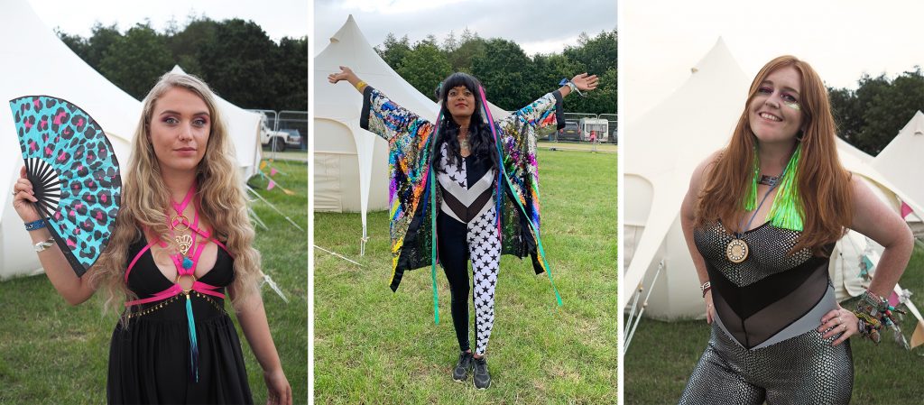 Three pics - Dulcie looking gorgeous with her fan, harness and long blonde locks, Laurie in a Burnt Soul Harlequin catsuit and sequin kimono, and me in my Burnt Soul lazer catsuit with green tinsel earrings from Bottle Blonde. Noisily Festival 2019 - girls looking amazing!