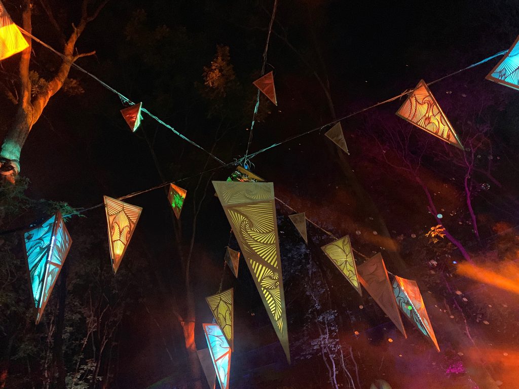 These beautiful triangular lamps hung over the MainStage at Noisily Festival 2019. They are lit from within with LED lights and made by Headlush.