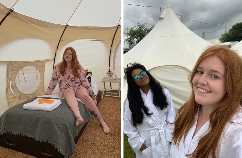 Me in my pink pyjamas, sat on one of our beds in daylight in our Lotus Belle tent. I'm smiling after an incredible sleep! The second picture is of Laurie and me stood in our white robes outside, smiling ready for a shower!