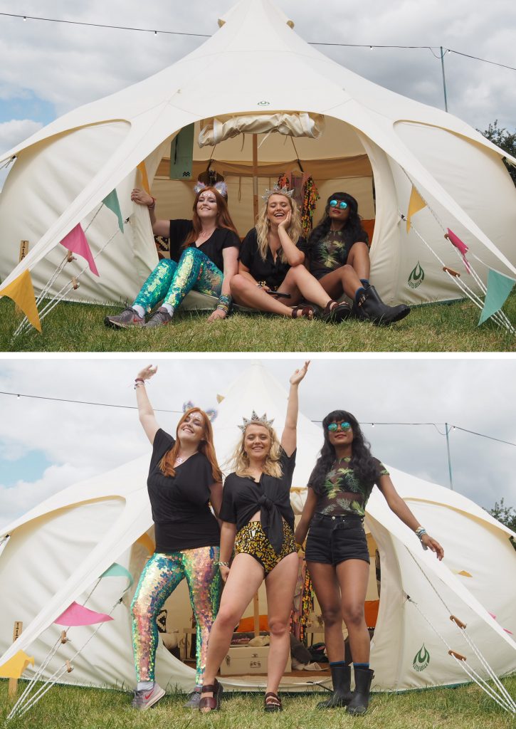 Two photos of Dulcie, Laurie and I wearing sequins sat in the doorway of our gorgeous glamping tent. We're such posers! - Noisily Festival 2019 review