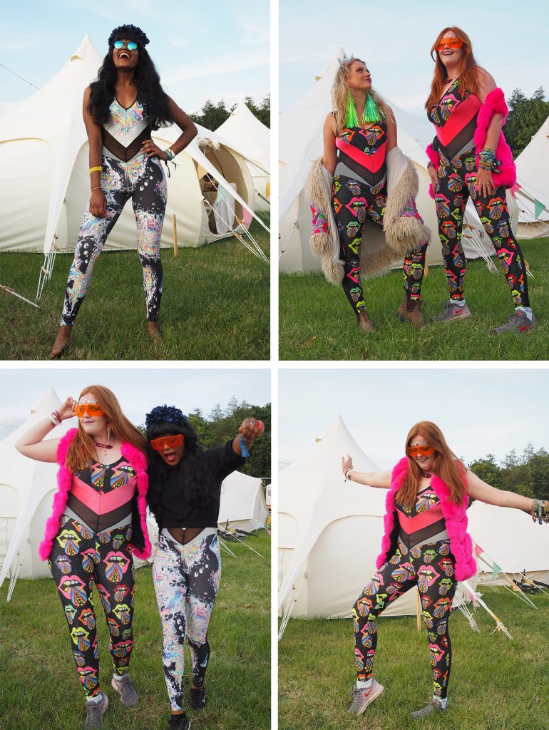 Four photos of us three ladies all wearing Burnt Soul catsuits! Dulcie and I are wearing Rebel catsuits, and Laurie is in the Electric Ladyland. We have lots of accessories (Sunglasses, earrings) and are posing for our photoshoot in the boutique camping area.