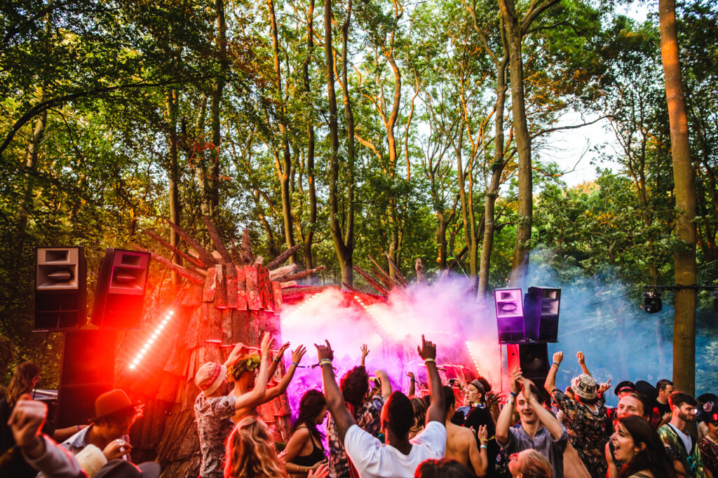Photo by Jake Davis. The Nook stage at Noisily Festival with coloured smoke and lights, with lots of happy people dancing in front.