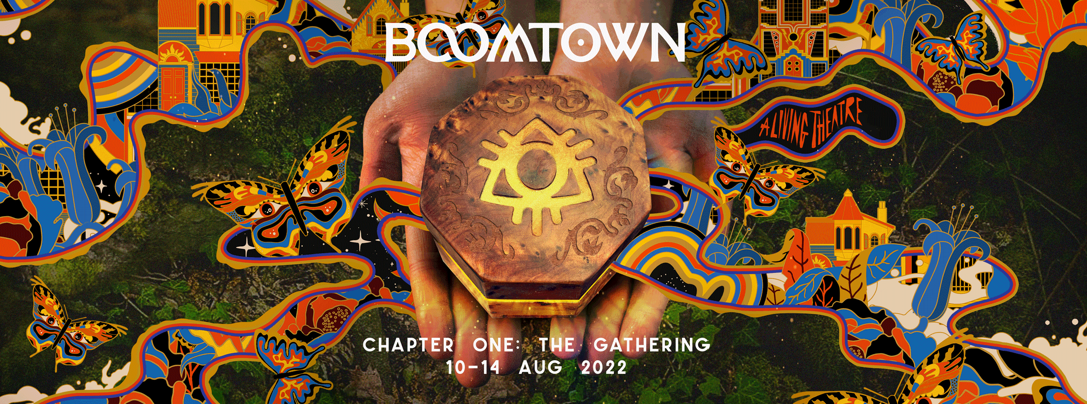 The Boomtown Fair Chapter One: The Gathering official banner, with a design by Holy Moly UK. It features the Boomtown logo carved into a wooden box in the centre, and a smoke graphic escaping the box with amazing illustrated designs